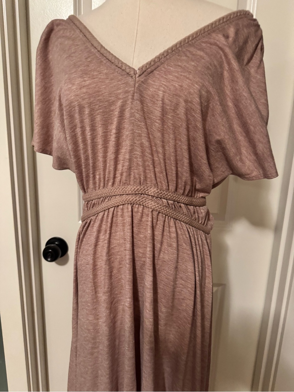 Joyfolie Taupe Braided-Waist V-Neck Maxi Dress